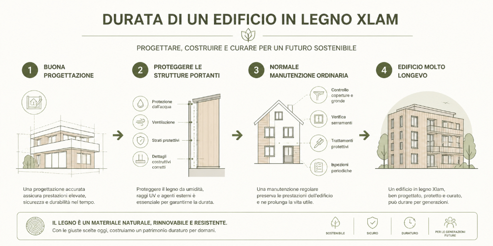 Infografica manutenzione e durabilità di un edificio in Xlam